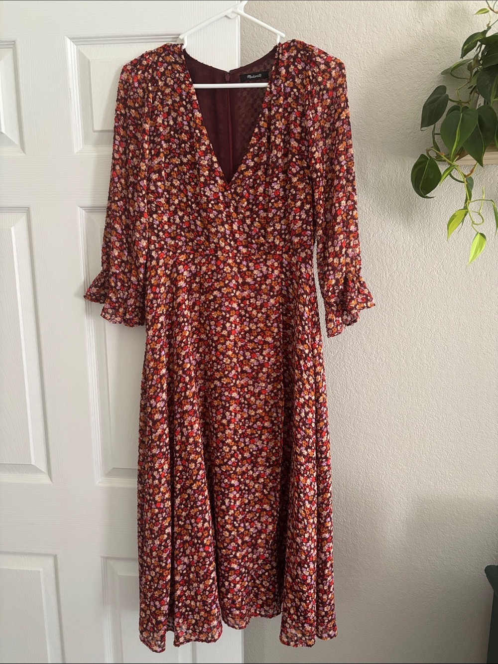 Rouje Burgundy Floral V-Neck Midi Dress